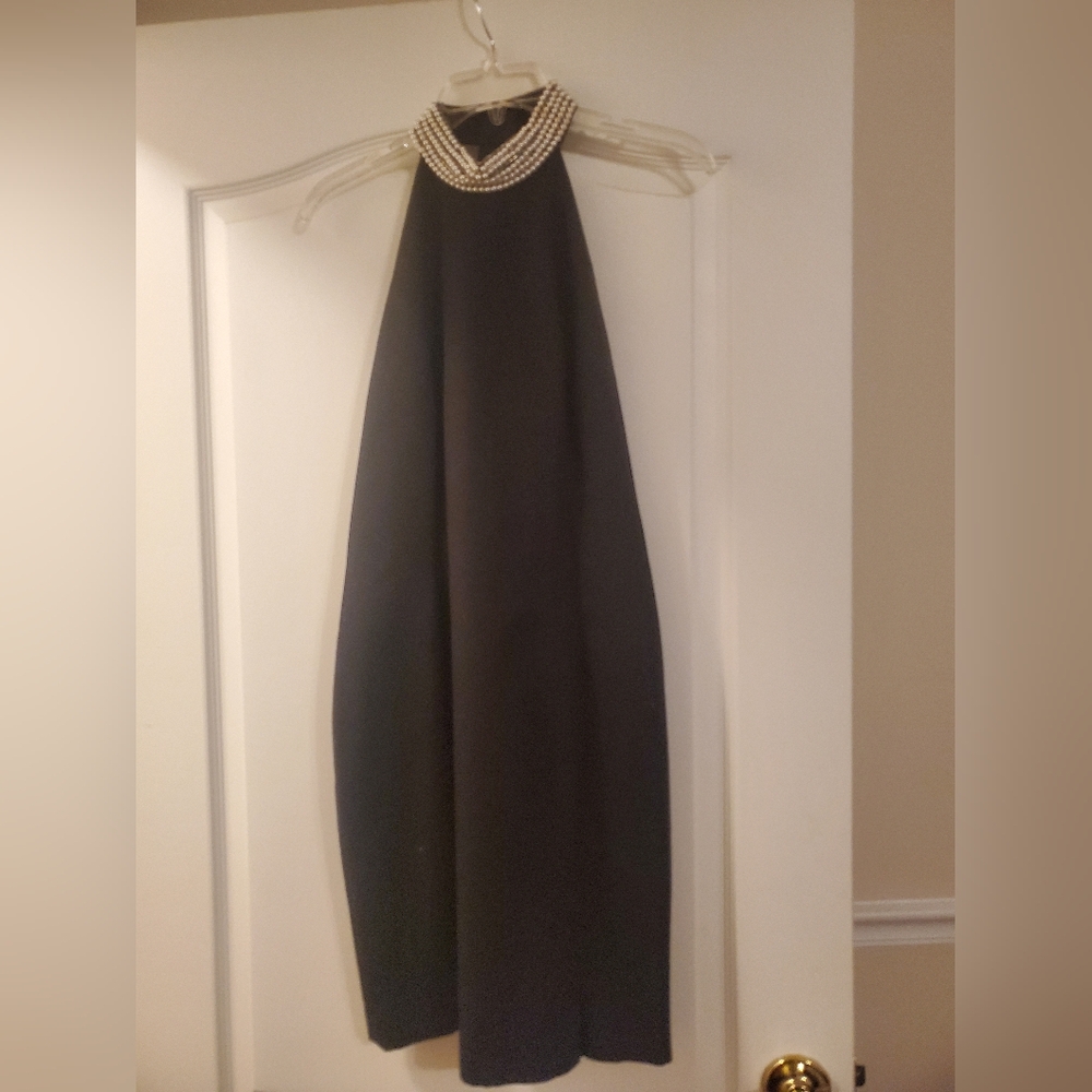 A J Baru Elegant Black Halter Dress with Pearl Detail size 8